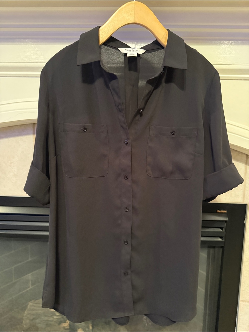 White House Black Market Black Button-Front Roll-Sleeve Blouse